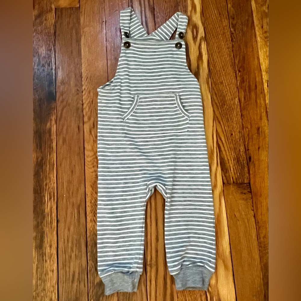Little Sleepies Overalls, 6-12 months, Grey and White Stripe